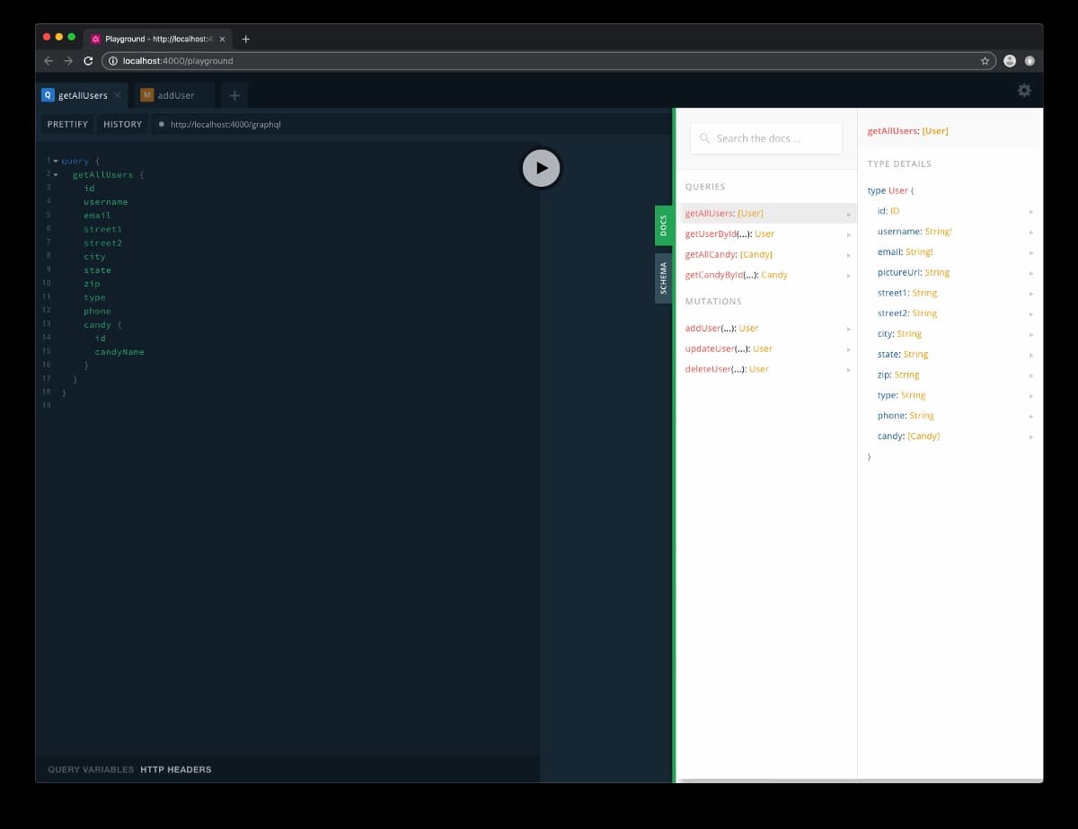 GraphQL Playground setup for introspecting types, mutations, and queries