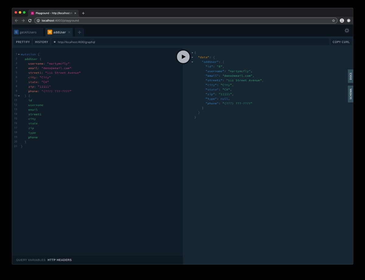 GraphQL Playground setup for a mutation