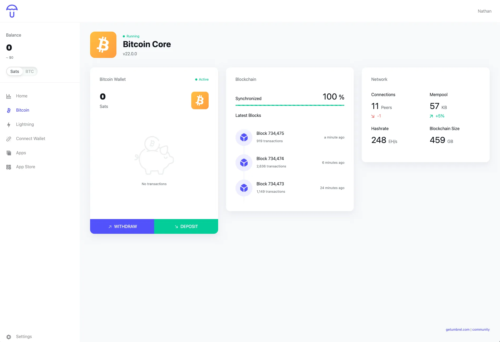 Umbrel Bitcoin node running